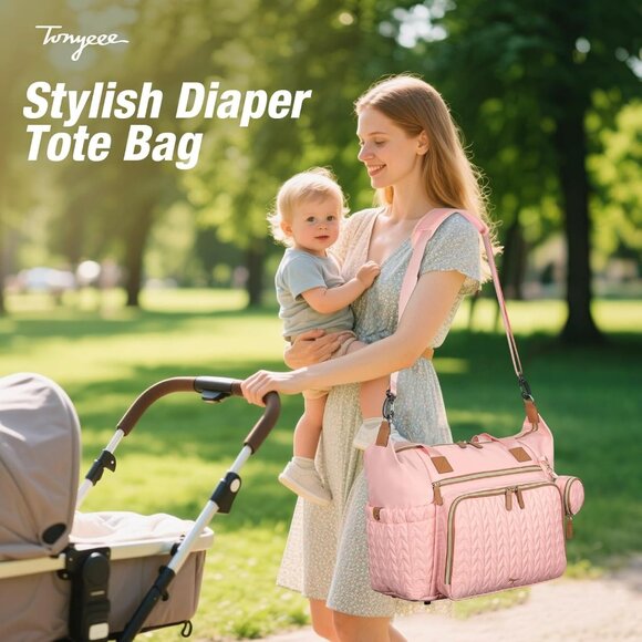 Stylish Pink Diaper Tote for Moms & Dads - Waterproof with Pacifier Case - Picture 2 of 7
